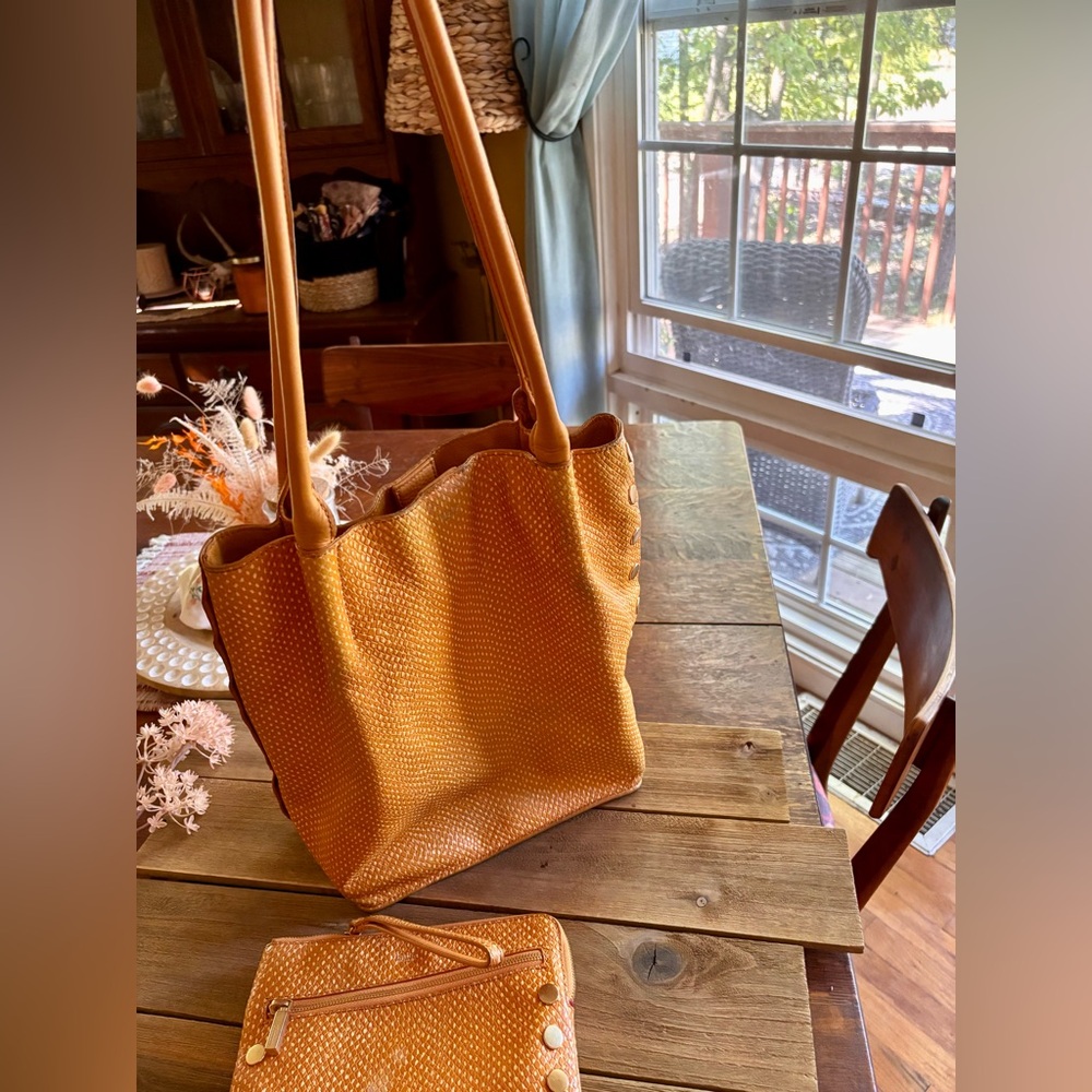 Hammitt Oliver leather tote and clutch- medium apricot snakeskin pattern